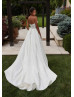 Strapless Beaded Ivory Lace Satin Slit Wedding Dress With Pockets